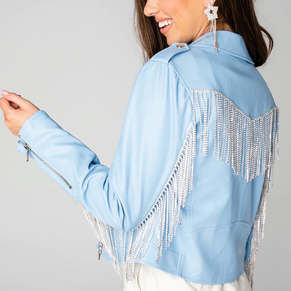 Buddy Love 💗 RIFE CRYSTAL FRINGE VEGAN LEATHER JACKET - BABY BLUE. NWT